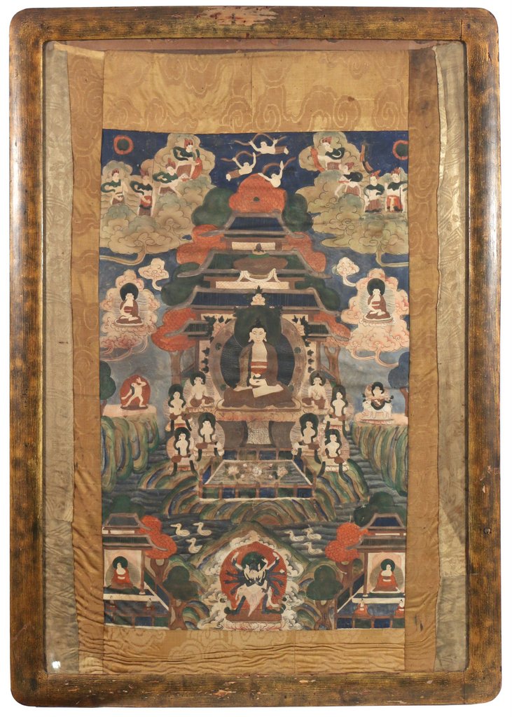 BUDDHIST TEMPLE PAINTING: BUDDHIST TEMPLE PAINTING19th/early 20th Century, a night scene with Buddha seated in a temple surrounded by various apsara and deities, gouache on fabric-lined paper, 43-1/2 x 29 in., size with frame: