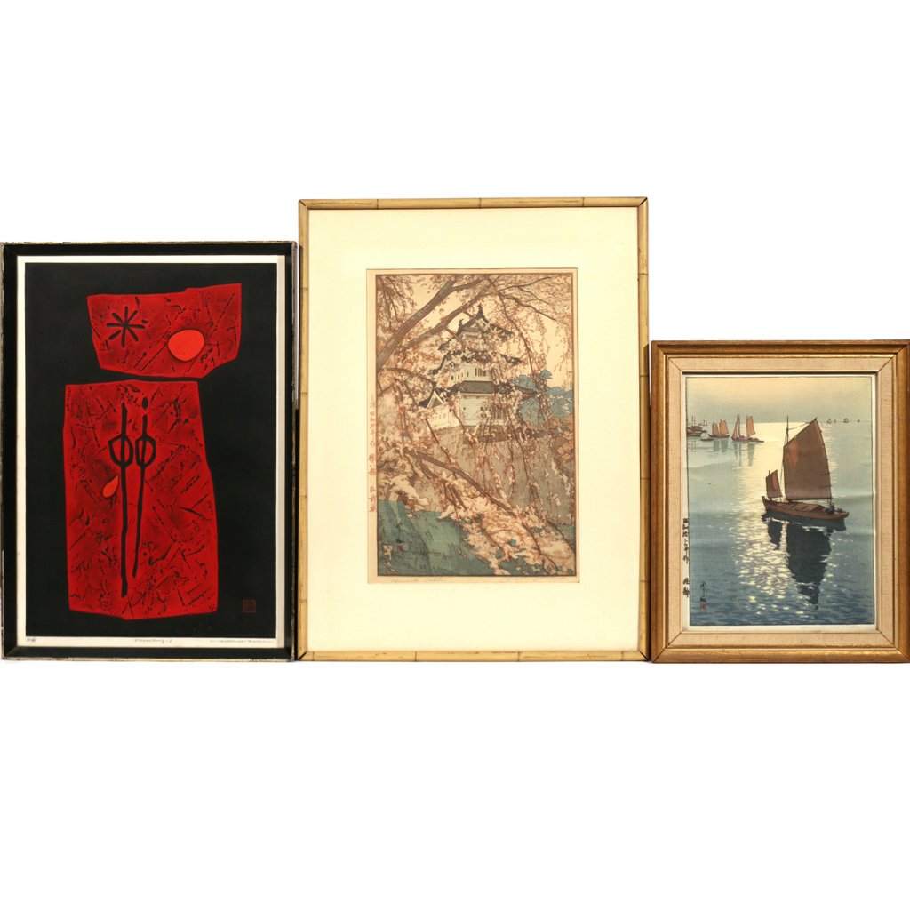 (3pc) HIROSHI YOSHIDA & HAKU MAKI PRINTS:: (3pc) HIROSHI YOSHIDA & HAKU MAKI PRINTS:two colored woodblock prints by Hiroshi Yoshida (Japanese, 1876-1950), including 'Hirosake Castle' (15-1/4 x 10 in. sight) and 'Calm Wind' (12-1/2 x 9-1/2 in. 