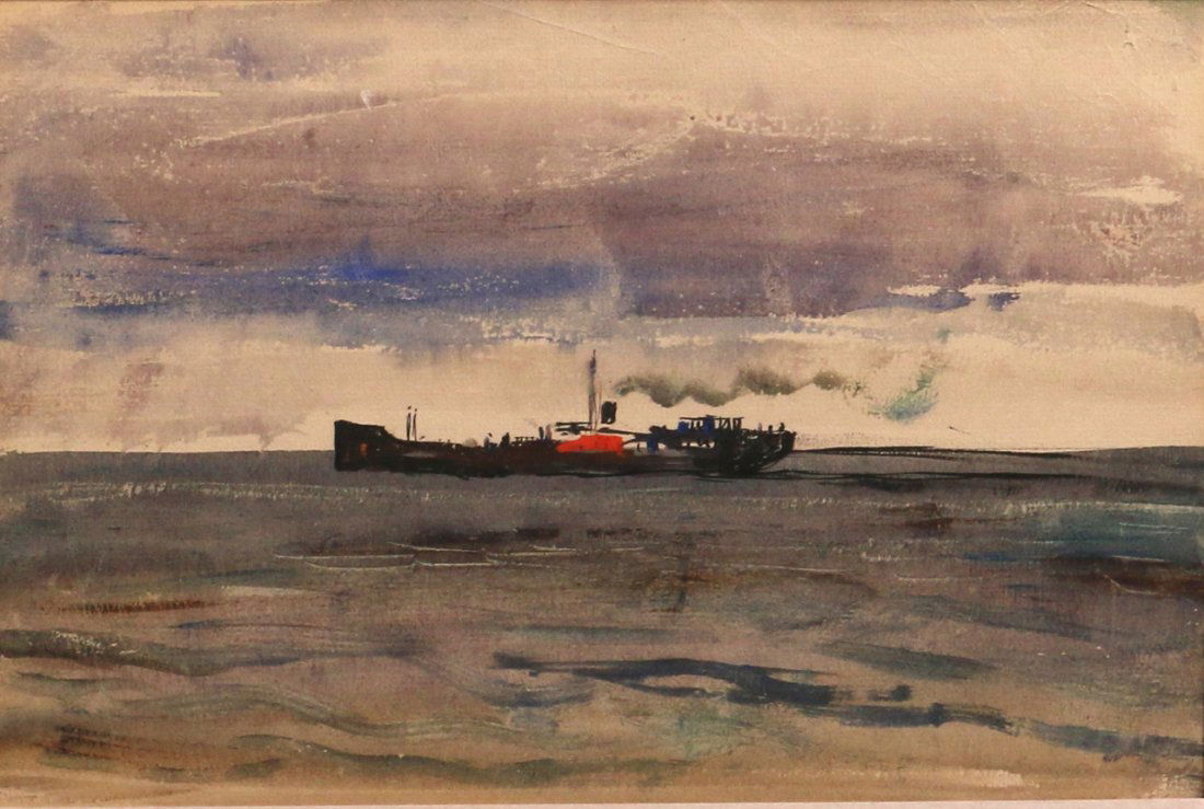 PETER HURD (New Mexico, 1904-1984): PETER HURD (New Mexico, 1904-1984)Coastal view of a steamship, watercolor on paper, no apparent signature, 7-1/2 x 11-1/4 in. (sight)