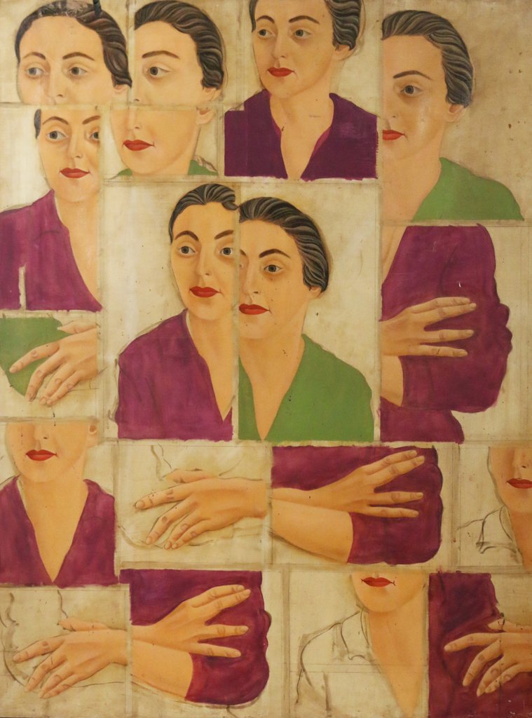 BARBARA ADRIAN (American, 1931-2014), 'Multi-faces: BARBARA ADRIAN (American, 1931-2014), 'Multi-facesof Artist' (self portrait), oil on canvas, 48 x 36", no apparent signature, cond.: stains, varnish inconsistency