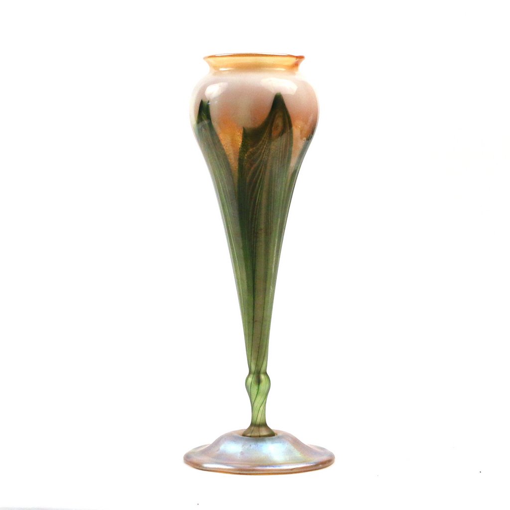 TIFFANY STUDIOS FAVRILE GLASS BUD VASE: TIFFANY STUDIOS FAVRILE GLASS BUD VASEearly 20th Century, of a trumpet shape with a bulb mouth and pulled-feather decoration, signed ‘L.C.Tiffany / Favrile / 1116A’, h. 9-1/2 in.