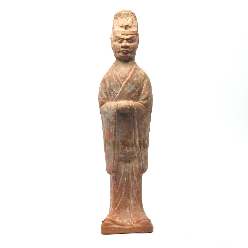 CHINESE EARTHENWARE COURT FIGURE: CHINESE EARTHENWARE COURT FIGURETang style and possibly of the period, h. 25 in.