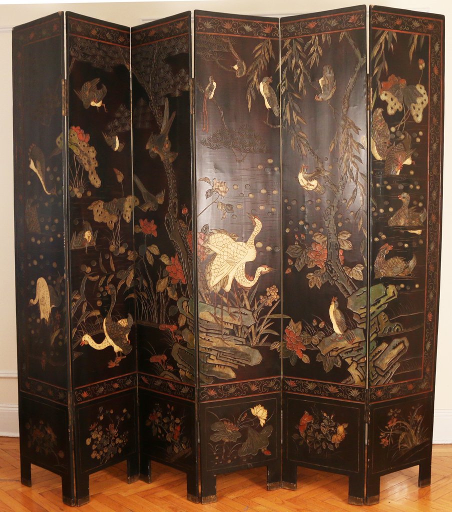 CHINESE SIX-PANEL DOUBLE-SIDED COROMANDEL SCREEN: CHINESE SIX-PANEL DOUBLE-SIDED COROMANDEL SCREENE.20th Century, having an elaborate temple scene on side and exotic birds on the other, each panel: 7' x 16”