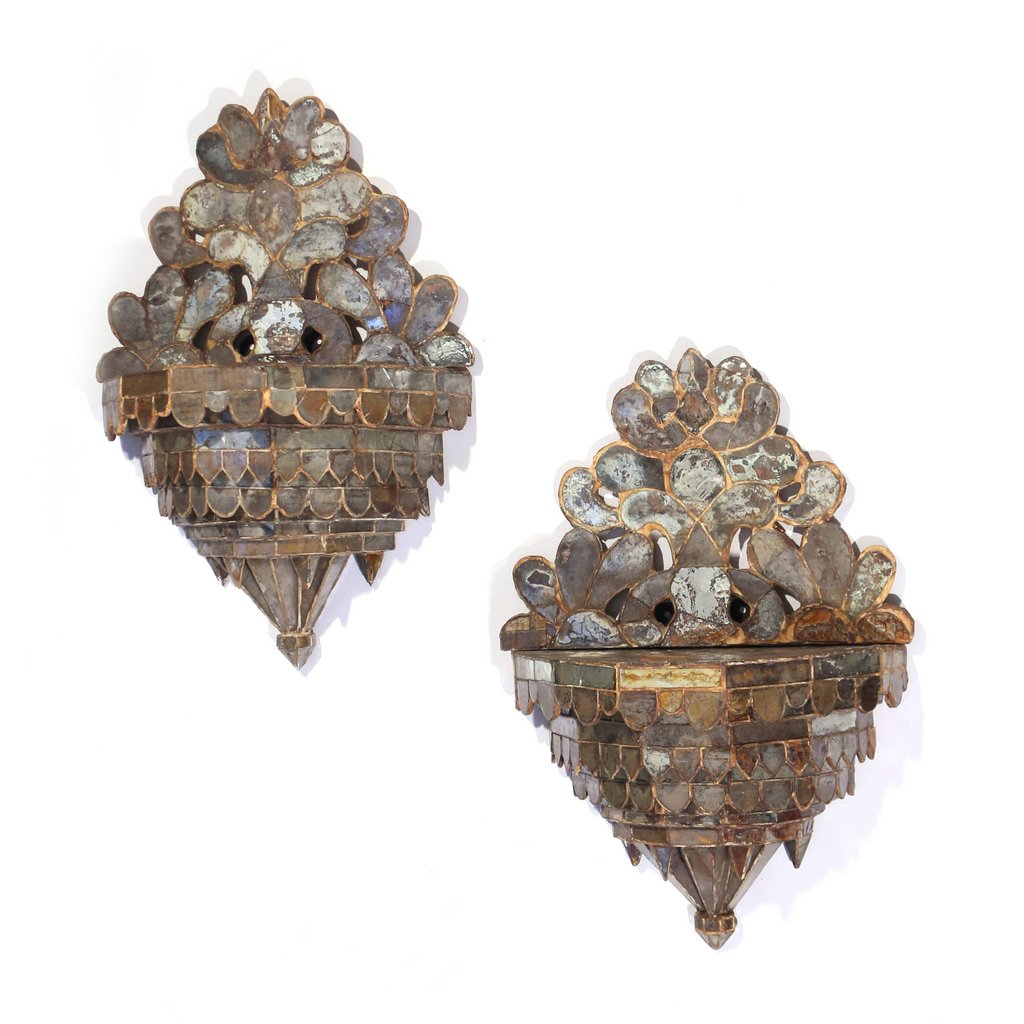 PAIR ITALIAN WALL BRACKETS: 18th/19th Century, wood with mirroed glass panels, of tiered form in the Moorish taste with pierced arch-shaped backplates, with label from Firenze, h. 26 w. 16-1/2 in.