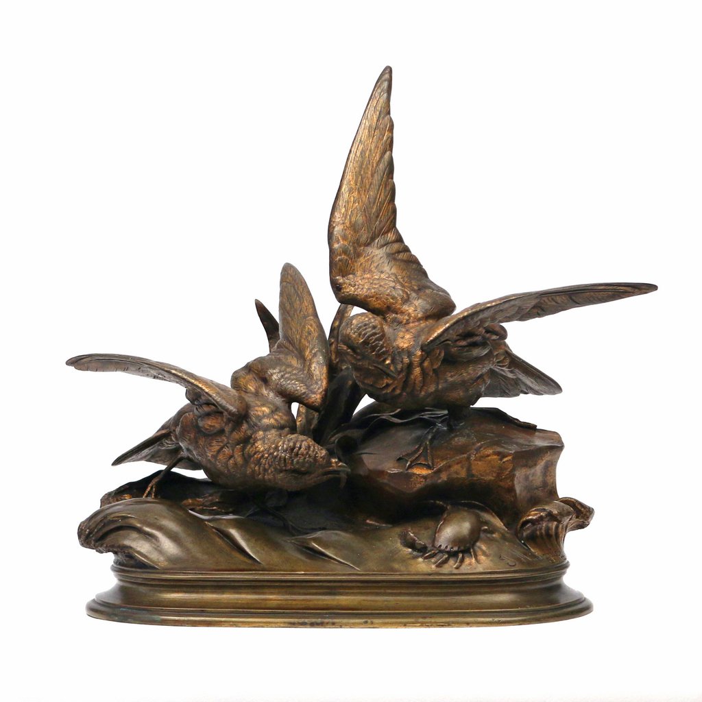JULES MOIGNIEZ (French, 1835-1894): JULES MOIGNIEZ (French, 1835-1894)Two birds playing with a crab, bronze, h. 9 in.