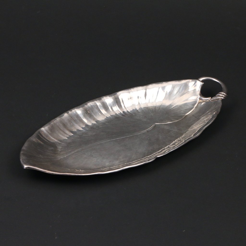 STERLING SILVER LEAF SHAPED BREAD DISH: With open handle, by Old Newbury Crafters, with mark and stamped 'Lambert Brothers', 12-1/2 in., 10 toz