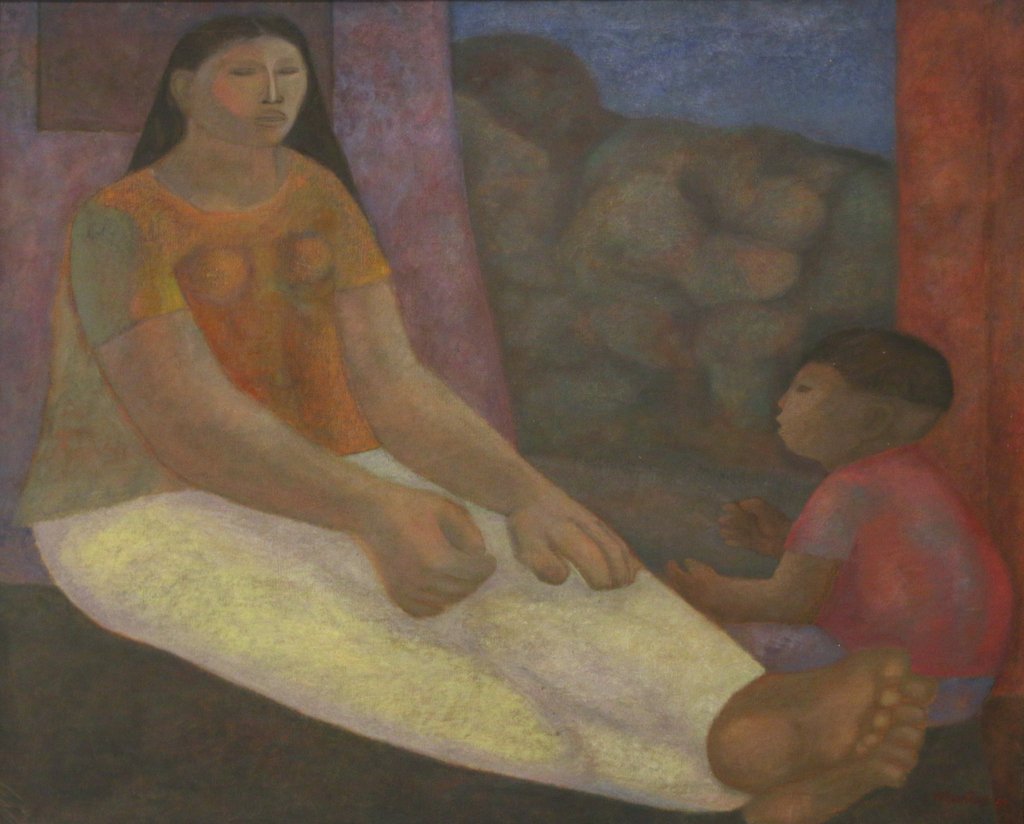 SOUTH AMERICAN SCHOOL: SOUTH AMERICAN SCHOOLMother and child, 1959, oil on canvas, 33 x 41 in., signed 'Munoz' and dated '59', possibly Jose Munoz (Mexican, 1928-)