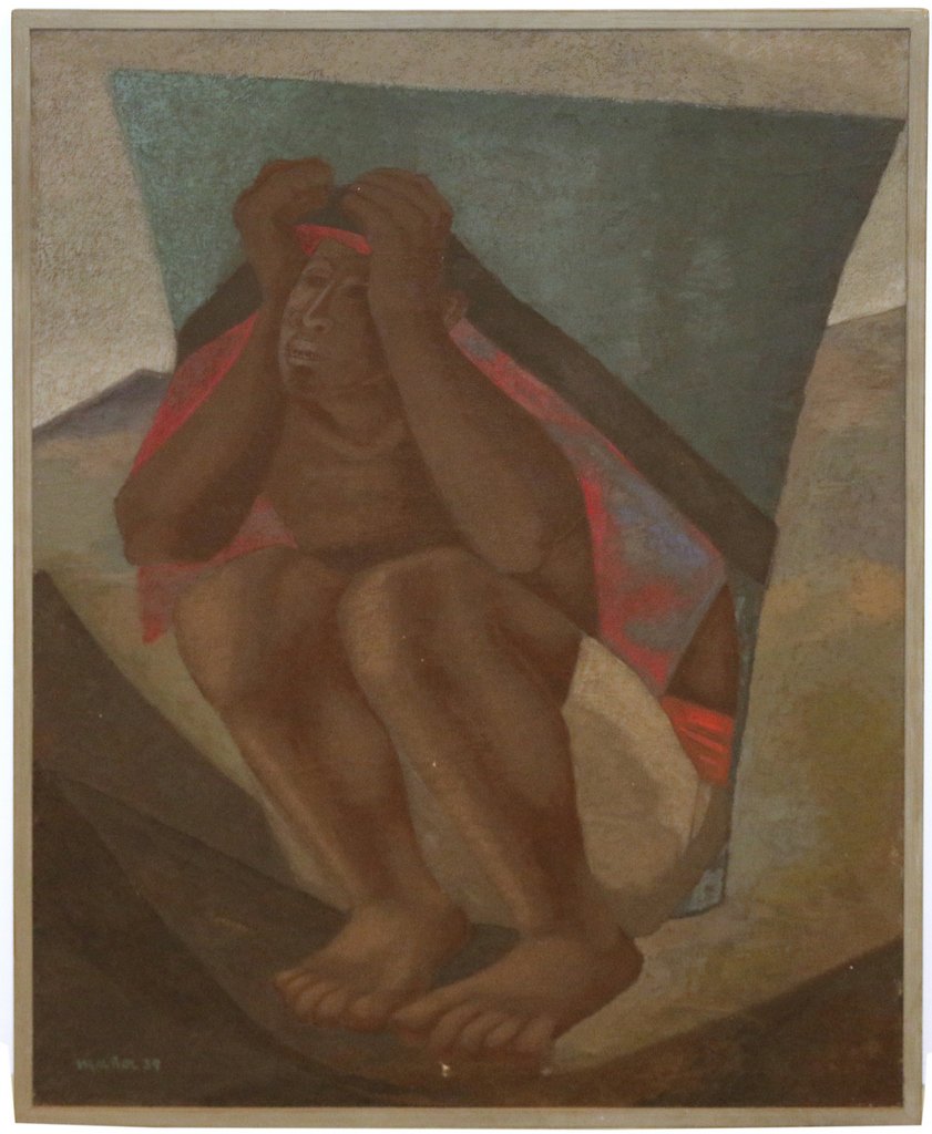 SOUTH AMERICAN SCHOOL - PENSIVE MALE: SOUTH AMERICAN SCHOOL - PENSIVE MALE1959, oil on canvas, 47 x 37 in., signed 'Munoz' and dated '59' lower right, possibly Jose Munoz (Mexican, 1928-)