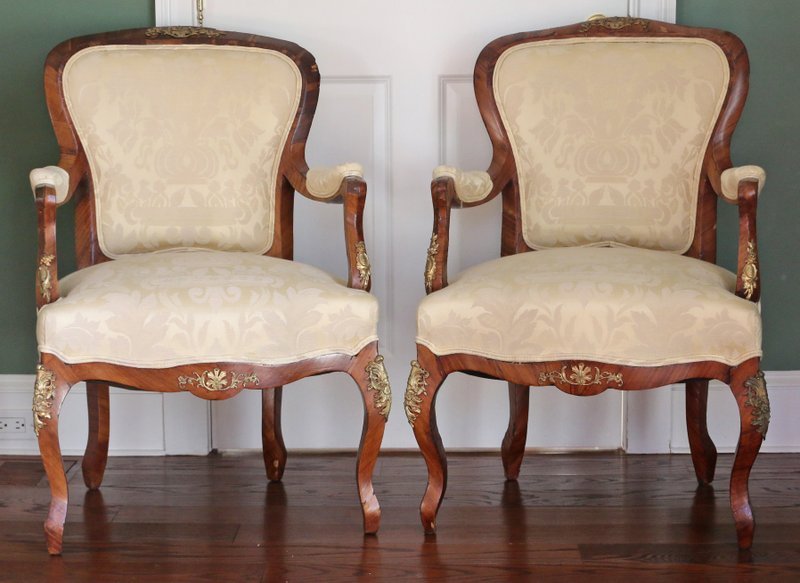 PAIR ORMOLU MOUNTED TULIPWOOD FAUTEUILS: PAIR ORMOLU MOUNTED TULIPWOOD FAUTEUILS19th Century, in the Louis XV style, h. 36½" w. 25" d. 23"