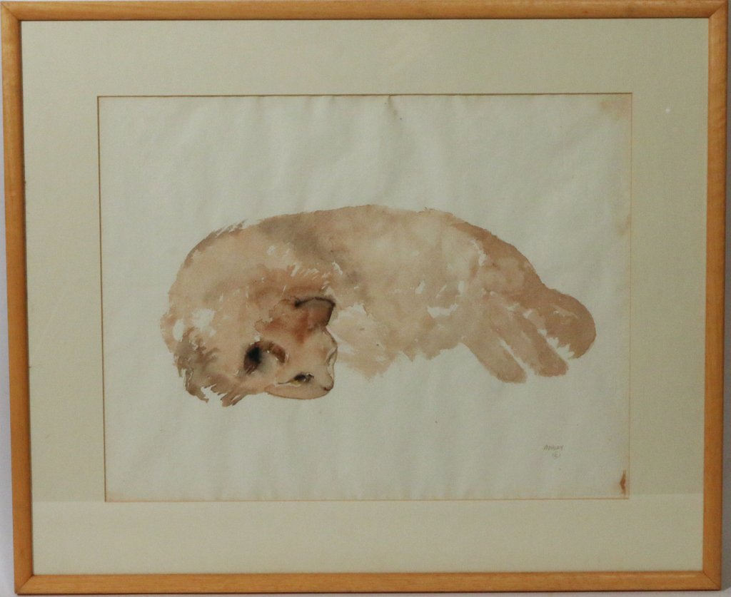 (2pc) BARBARA ADRIAN (American, 1931-2014): (2pc) BARBARA ADRIAN (American, 1931-2014)Two watercolors: 'A True Friend' (portrait of a cat), 15 x 19 1/2" (sight), sgd. lower right; and stems of wheat, 15 1/2" x 20" (sight), sgd. and dated '1962'