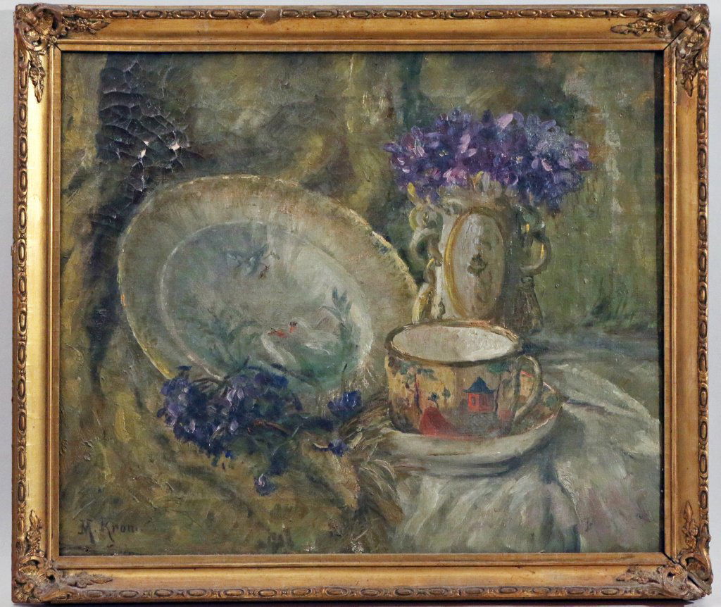 GERMAN SCHOOL: GERMAN SCHOOLTable-top still life with Chinese porcelain, oil on canvas, 19 3/4" x 16 3/4", signed "M. Kron." lower left; with area of flaking paint upper left