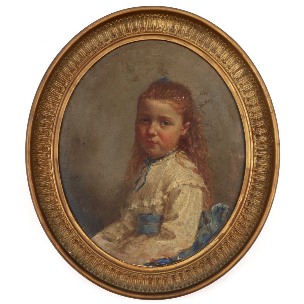 ATTRIBUTED TO THOMAS WATERMAN WOOD: ATTRIBUTED TO THOMAS WATERMAN WOOD(American, 1823-1903), oval portrait of young girl, oil on canvas, 11-1/2 x 9-1/2 in. (sight), identified on verso on attached paper