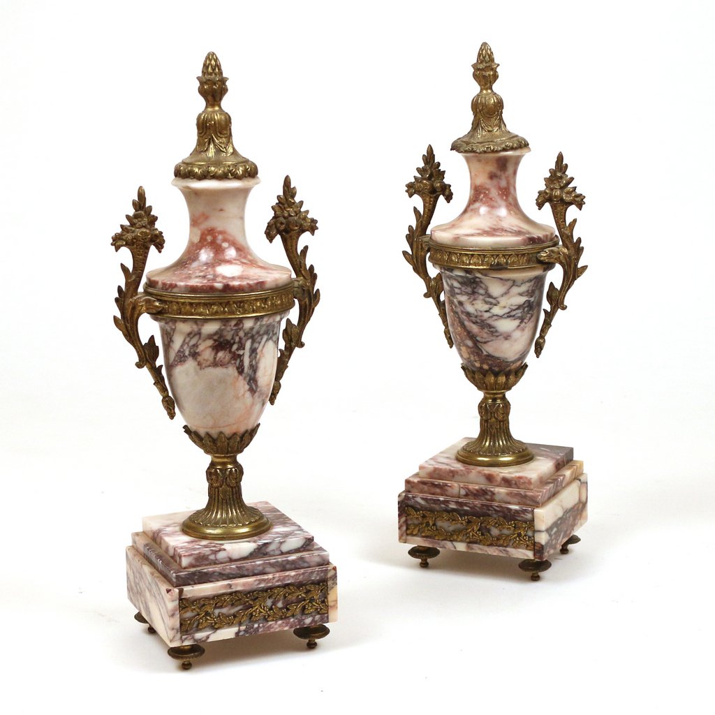 PAIR OF ORMOLU MOUNTED MARBLE URNS: PAIR OF ORMOLU MOUNTED MARBLE URNS19th Century, probably French, of baluster shape with cornucopia handles raised on square plinths, h. 14-1/2 in.