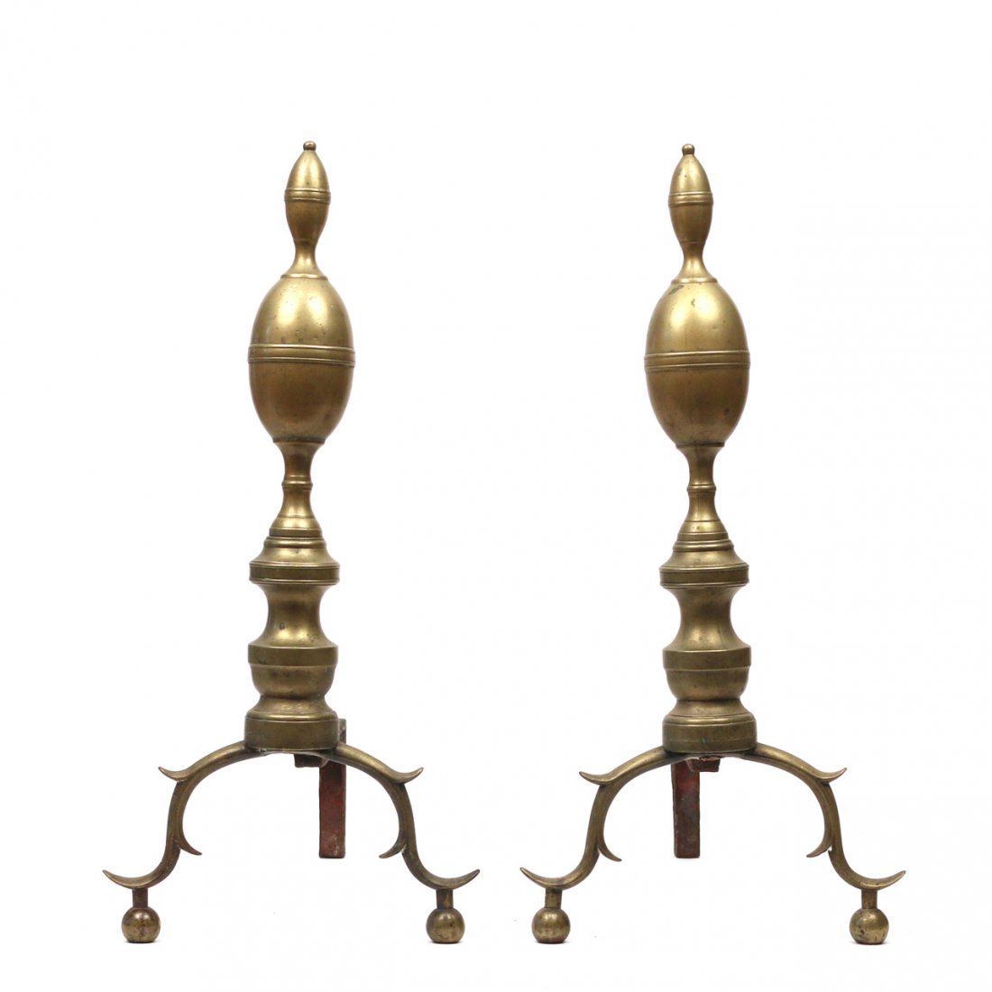 PAIR FEDERAL BRASS LEMON-TOP ANDIRONS: PAIR FEDERAL BRASS LEMON-TOP ANDIRONSearly 19th Century, with lemon form finials, h. 21 d. 17 in.