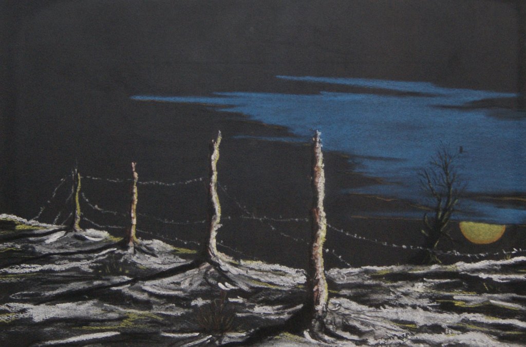 JEROME BUSHYHEAD (American, 1929-2000): JEROME BUSHYHEAD (American, 1929-2000)Night time landscape with a fence, pastel on paper, 11 x 15 1/4 in. (sight)