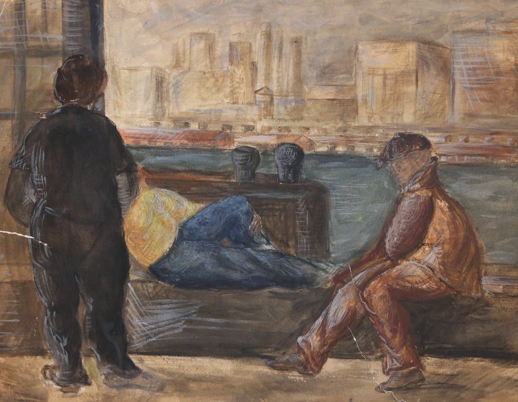 (2pc) BARBARA ADRIAN - NYC VIEWS: (2pc) BARBARA ADRIAN - NYC VIEWSincluding three figures by the docks, watercolor & gouache on paper, 22 x 31 in., no apparent signature; and the New York City skyline, watercolor on paper, 19 x 25 1/2