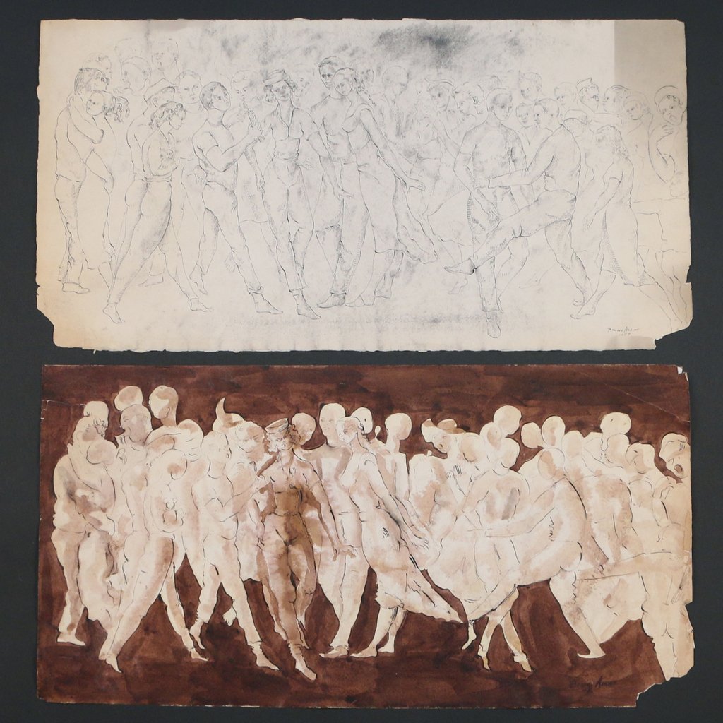 (2pc) BARBARA ADRIAN - FIGURAL PANORAMAS: (2pc) BARBARA ADRIAN - FIGURAL PANORAMASincluding a panoramic view of figures in watercolor and brush on a brown ground, 12 1/2 x 24 in., signed and dated (1956?) lower right (with losses right margin