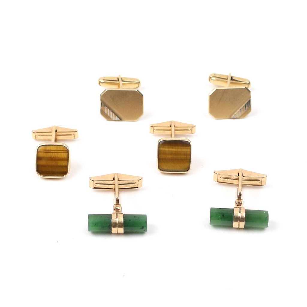 (6pc) 3 PAIR 14k GOLD CUFFLINKS: three pairs: cats eye, green stone and gold, 24.9 grams total