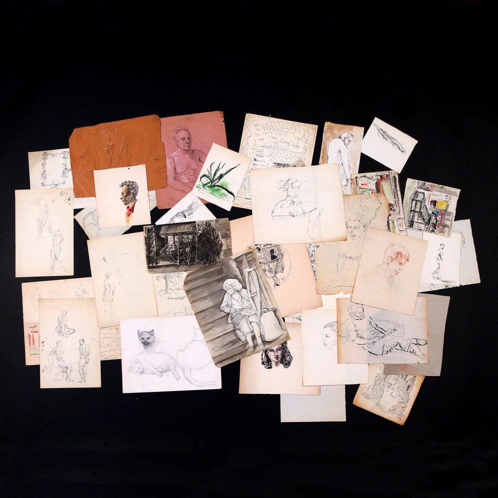 (45pc) BARBARA ADRIAN (American, 1931-2014): including 34 drawings and watercolors (2 signed), plus 11 copies of her 'Auto-portrait' lithograph (ed. 50), each signed and numbered, appx. size range: 13 x 11 - 7 x 5-1/4 in.; Provenance: the estate
