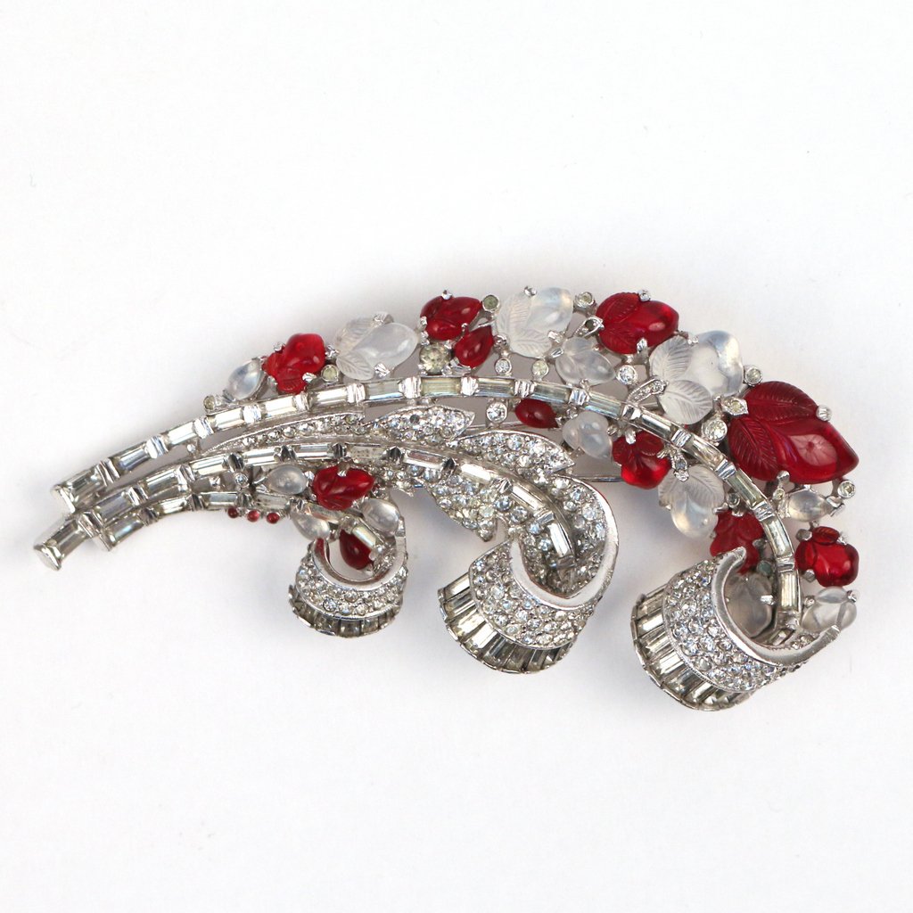 TRIFARI FEATHER SHAPED PIN: consisting of moonstones & paste stones, 4 in.