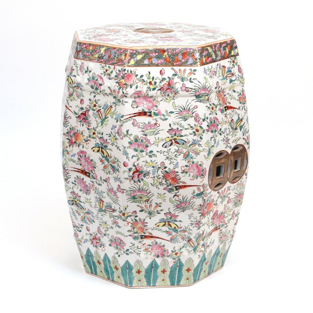 CHINESE FAMILLE ROSE GARDEN SEAT: late 19th/early 20th Century, octagonal shape with overall famille rose enameling of birds and flowers, the underside with a 4-character mark within a double square in red, h. 18 1/2", dia. 14"