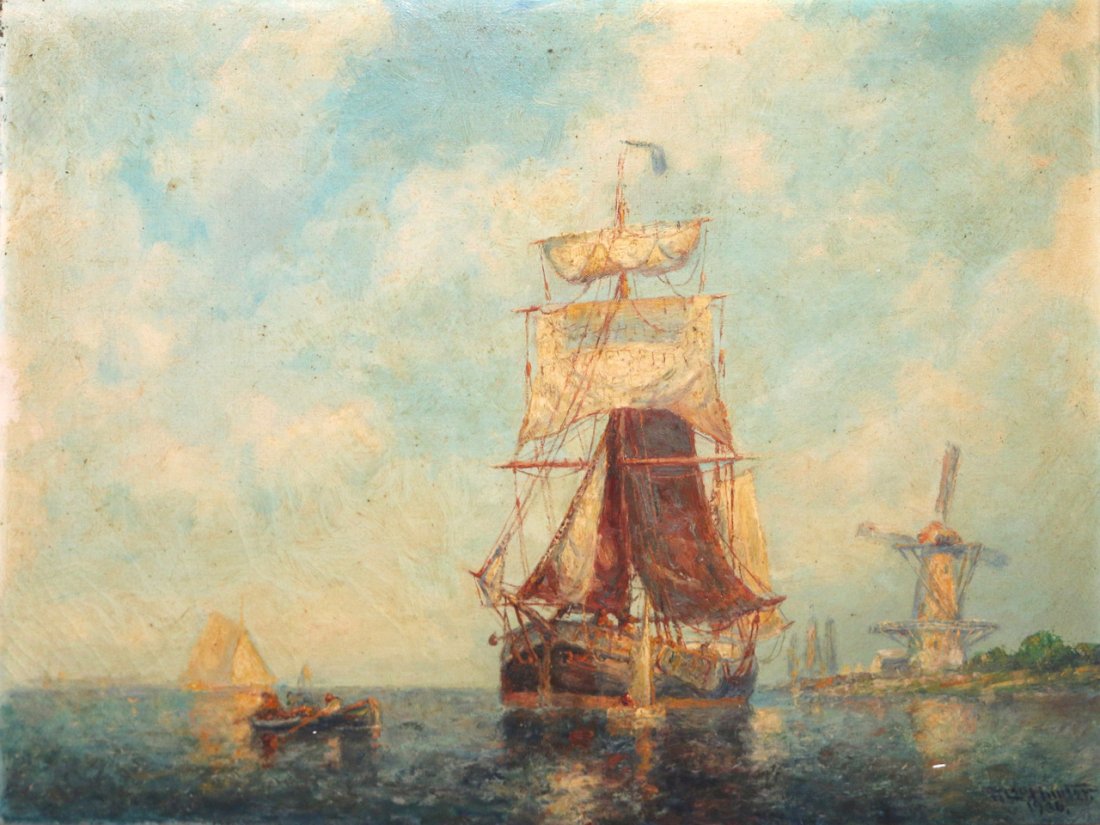 FREDERICK LEO HUNTER (American, 1858-1943): Coastal scene with a ship at rest and a windmill, 1935, oil on canvas, 18 x 24 in., signed and dated lower right dirty varnish, small flakes by rowboat and signature, otherwise good