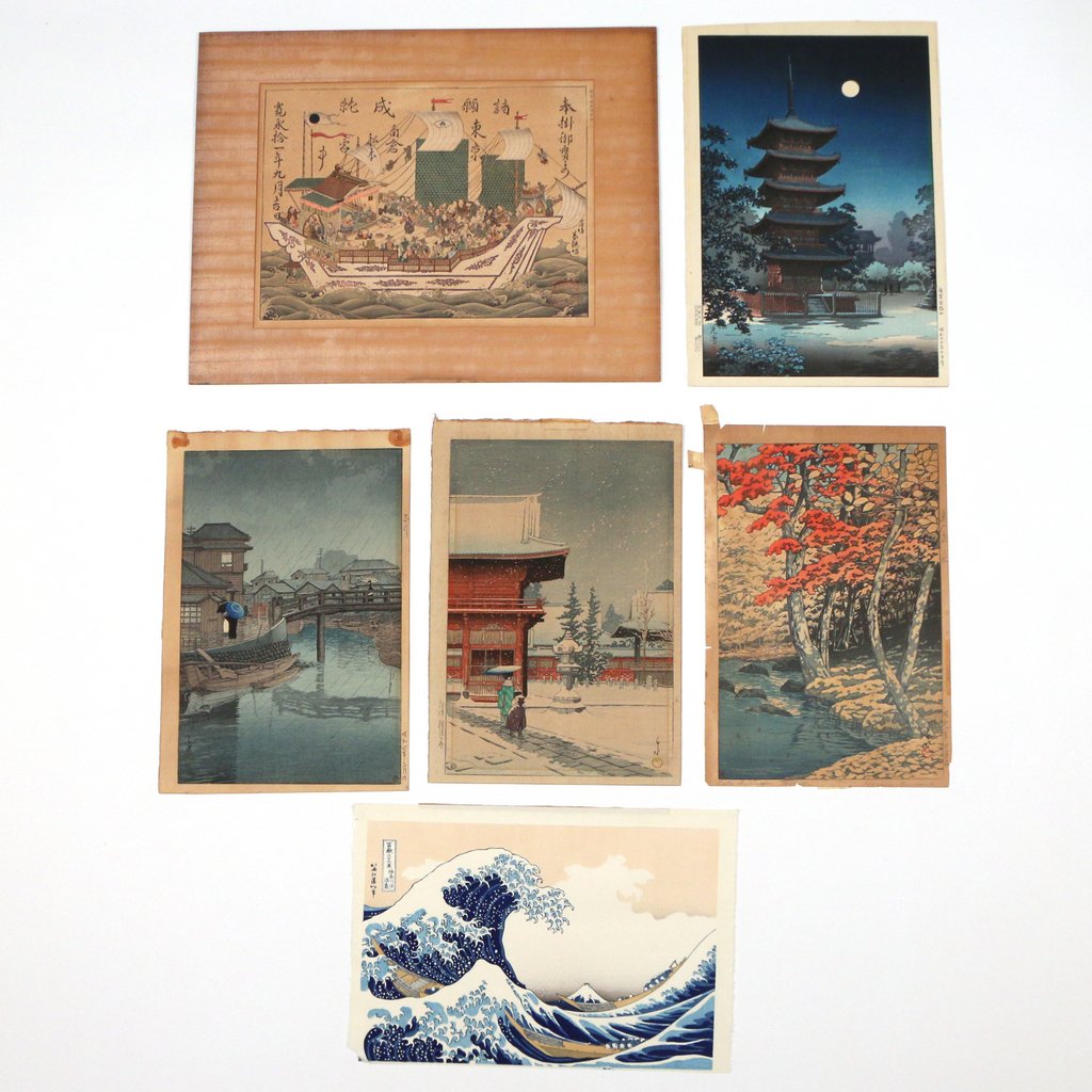 (6pc) JAPANESE WOODBLOCK PRINTS: including: Kawase Hasui (1883-1957), 'Snow at Nezugongen', sight 13-3/4 x 9 in.; Kawase Hasui, 'Rainy Season at Ryoshimachi', sight 14 x 9 in.; Kawase Hasui, 'Pagoda in the Moonlight', sight 17-1/2 x 