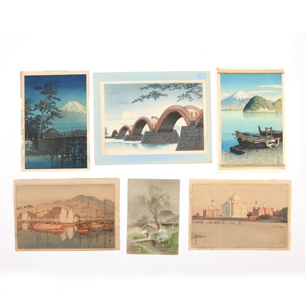 (6pc) JAPANESE WOODBLOCK PRINTS & WATERCOLOR (1 of 8)