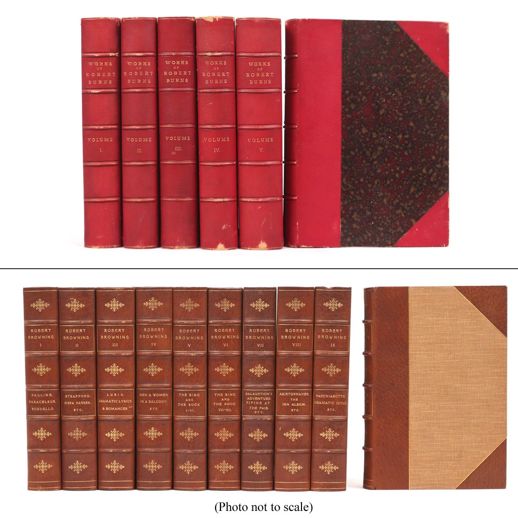 (16 vols) BROWNING & BURNS - WORKS: including works of Robert Browning, numbered edition 44/526, 8vo, pub. Smith, Elder & Co., London, 1912, bound in 3/4 leather; plus works of Robert Burns, 6 vols 4to, Edinburg, 1877-79, bound in red 3