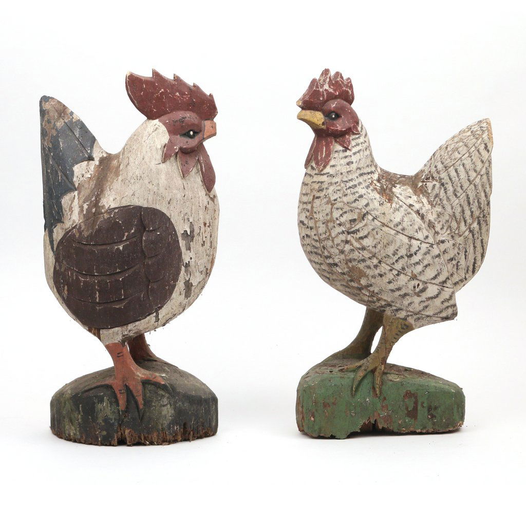 TWO CARVED POLYCHROME PRIMITIVE ROOSTERS (1 of 8)