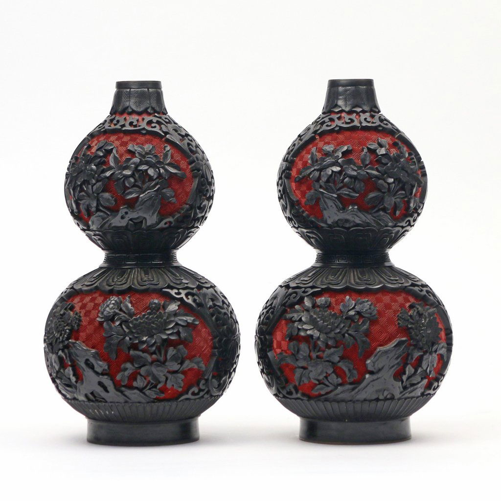 PAIR CINNABAR LACQUER DOUBLE GOURD VASES (1 of 5)