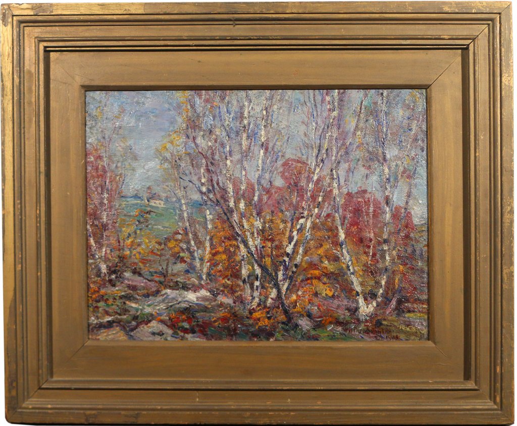 WILL J. QUINLAN (American, 1877-1963): “White Birches – October”, 1905, oil on board, 12 x 16 in., signed and dated lower right, with old New Haven Paint and Clay Club label on verso