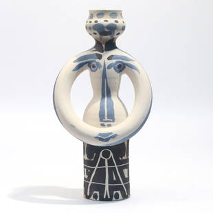 PABLO PICASSO (Spanish, 1881-1973): Woman Lamp (A.R. 298) Painted and incised figural ceramic vase; Inscribed 'Edition Picasso' and with 'Edition Picasso' and 'Madoura Plein Feu' pottery Stamps on the underside. h. 14-1/2