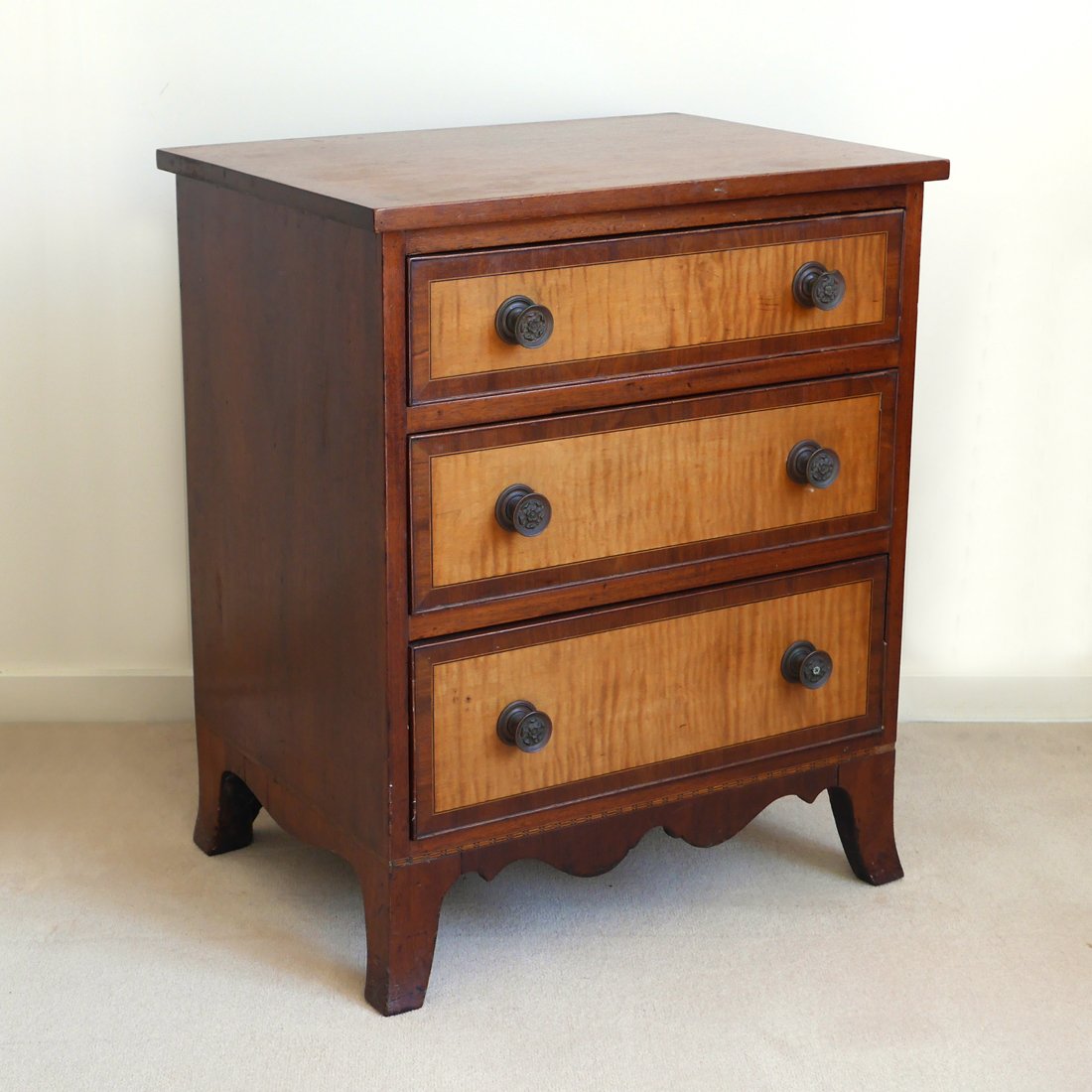 INLAID TIGER MAPLE & MAHOGANY SMALL CHEST (1 of 3)