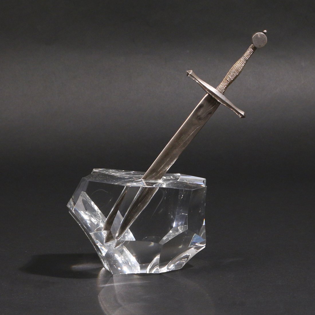 STEUBEN CRYSTAL 'EXCALIBUR': paperweight & letter opener, letter opener marked sterling and 18kyg, h. 8 in.
