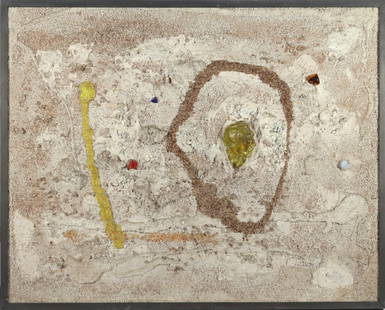 ANGELO BAROVIER (Italian, 1927-): Larval Life #3, June 1960, glass, sand, and stone on panel, signed ‘Angelo Barovier / Murano 960’ lower right, signed, titled, and dated on verso, with Murano labels, 31-3/4 x 29-1/2 in. overall