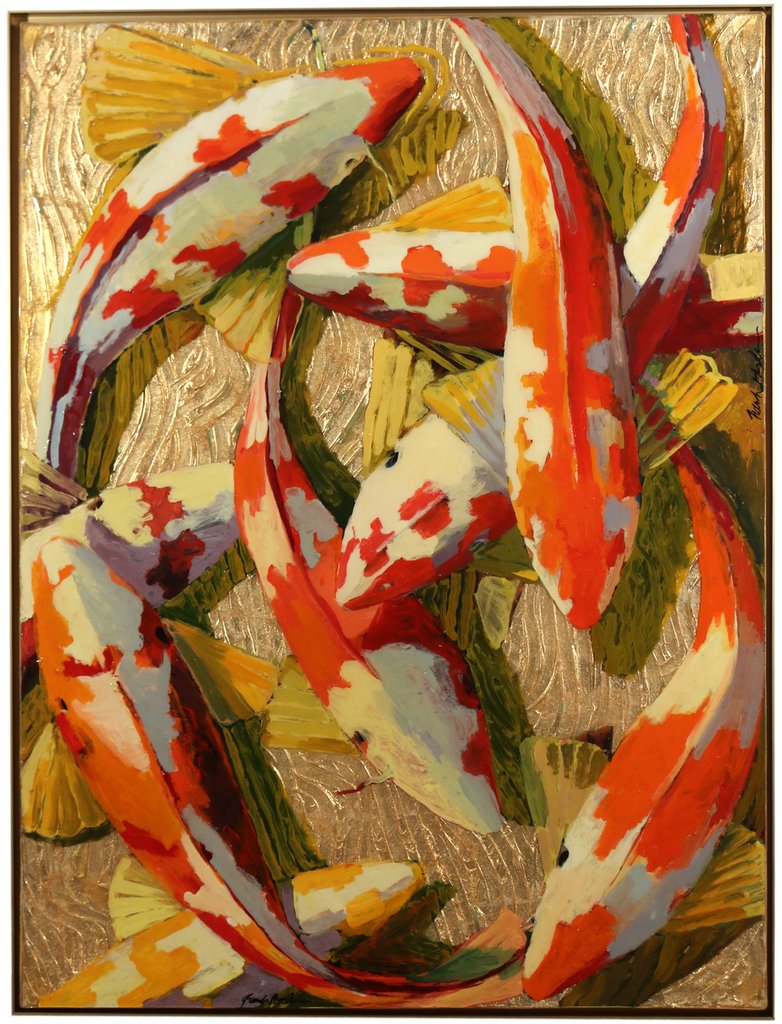 FRANK HYDER (American, 20th Century): “Gold Circle” [Koi], 2012, acrylic & gold leaf on canvas, 49 x 36 in., signed lower right, titled and dated on verso