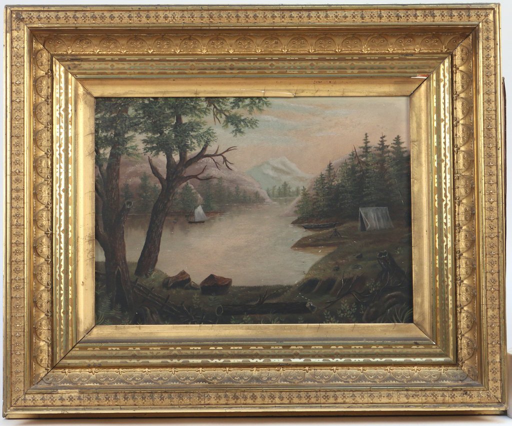HUDSON RIVER SCHOOL PRIMITIVE: Landscape with an encampment by the river, oil on panel, 9-1/2 x 13 in., no apparent signature, in a period gilt cove frame