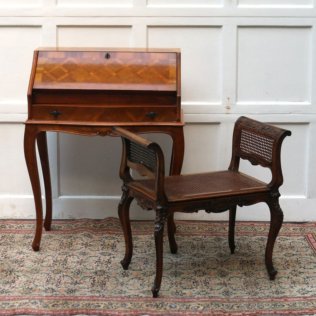 (2pc) PARQUETRY DESK AND A CARVED BENCH (1 of 3)