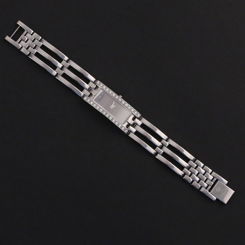 LADY'S MOVADO 'ESPERANZA' WRISTWATCH: Designed as a rectangular stainless steel case flanked by 28 melee diamonds on a stainless steel link chain, original box and extra links included
