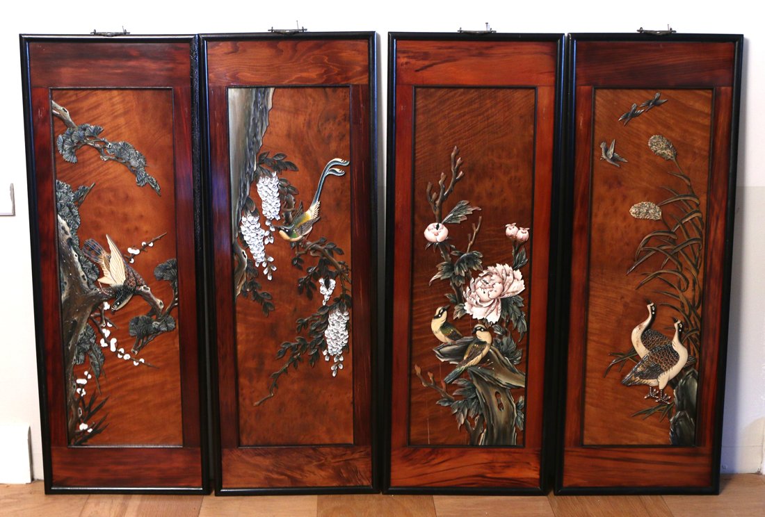 FOUR TAIWANESE PLAQUES: With applied painted carvings of birds and flowers, 27-1/2 x 9 in.