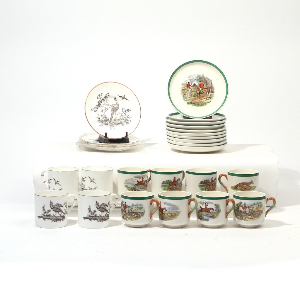 (26pc) ENGLISH CHINA: Including four Royal Worcester bone china transferware cups and saucers showing pheasants taking flight; and 8 cups and 10 saucers Copeland Spode colored transferware depicting various hunting scenes