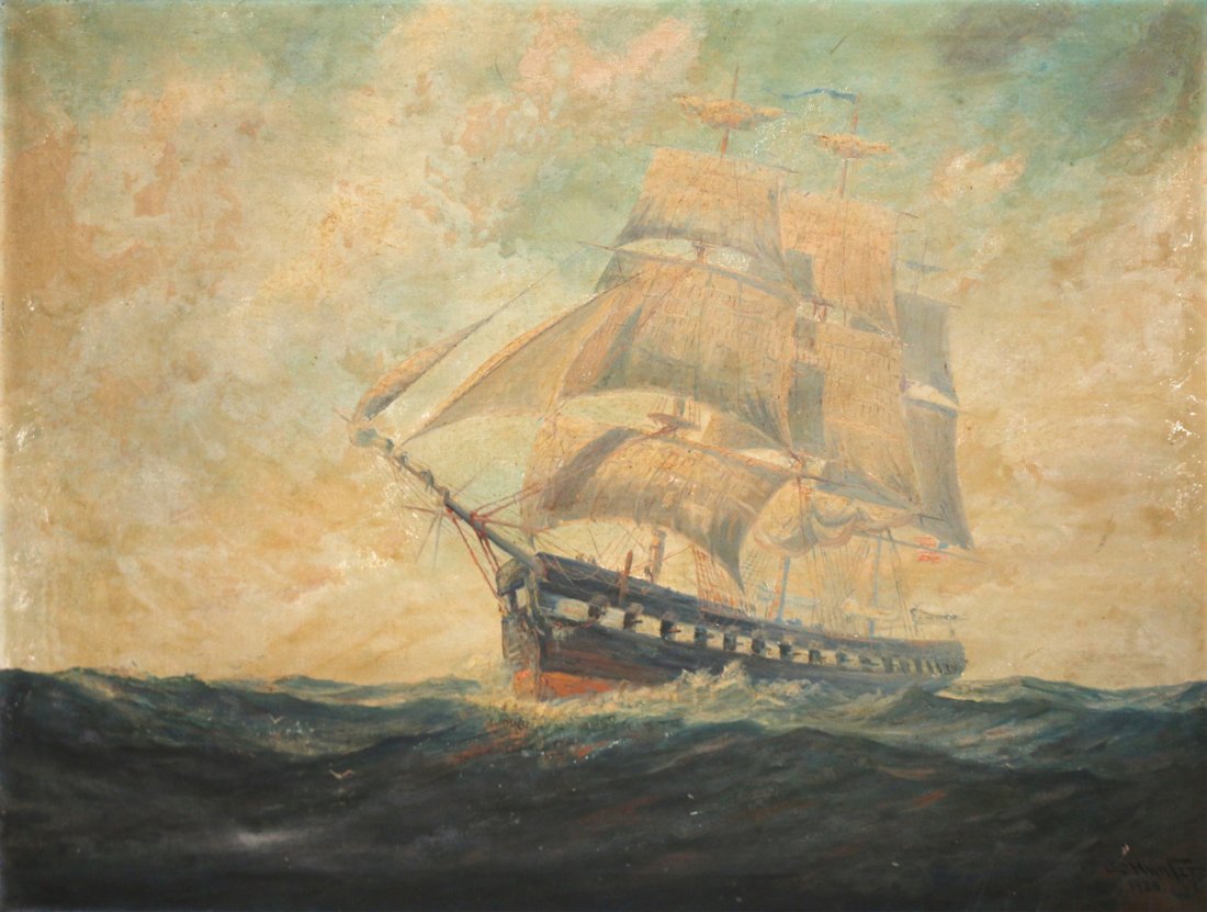 FREDERICK LEO HUNTER (American, 1858-1943): Three-masted ship at full sail, 1928, oil on canvas, 31 x 41 in., signed and dated lower right
