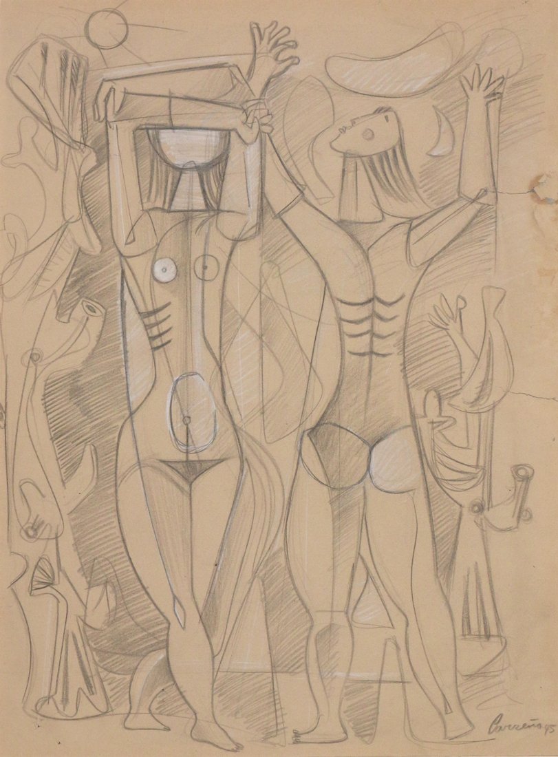 MARIO CARREÑO (Cuban/American, 1913-1999): Two figures, 1945, pencil and white chalk on paper, 23 x 17 in., signed and dated lower right