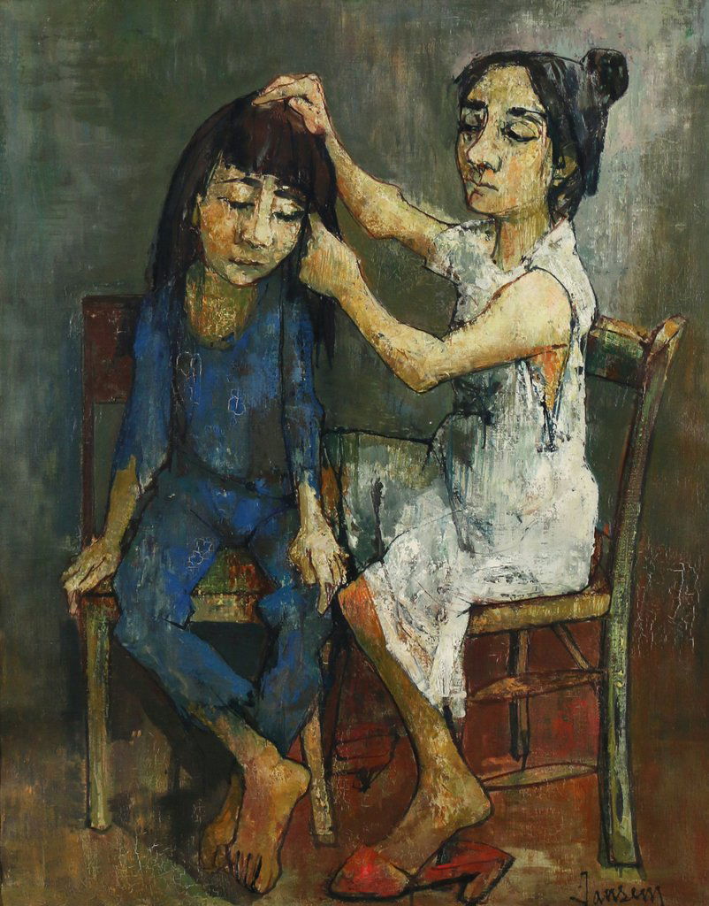 JEAN JANSEM (French, 1920-2013): Mother trimming her daughter’s hair, oil on canvas, 36-1/2 x 28-3/4 in., signed lower right Provenance: Purchased by the present owner's parents in Paris, circa 1950s Jany Jansem has kindly confirme