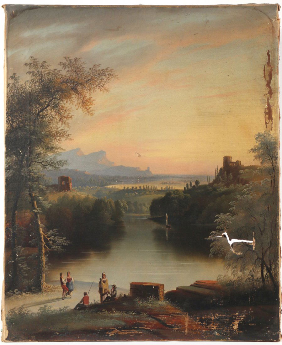 EDMUND C. COATES (American, 1816-1871): Italianate landscape with figures by a river, 1853, oil on canvas, 30 x 24-3/4 in., signed "E. C. Coates Pt 1853 / S. NY canvas stamped "Goupil & Co. / Artist's Colourmen / 289 / Broadway / New York"