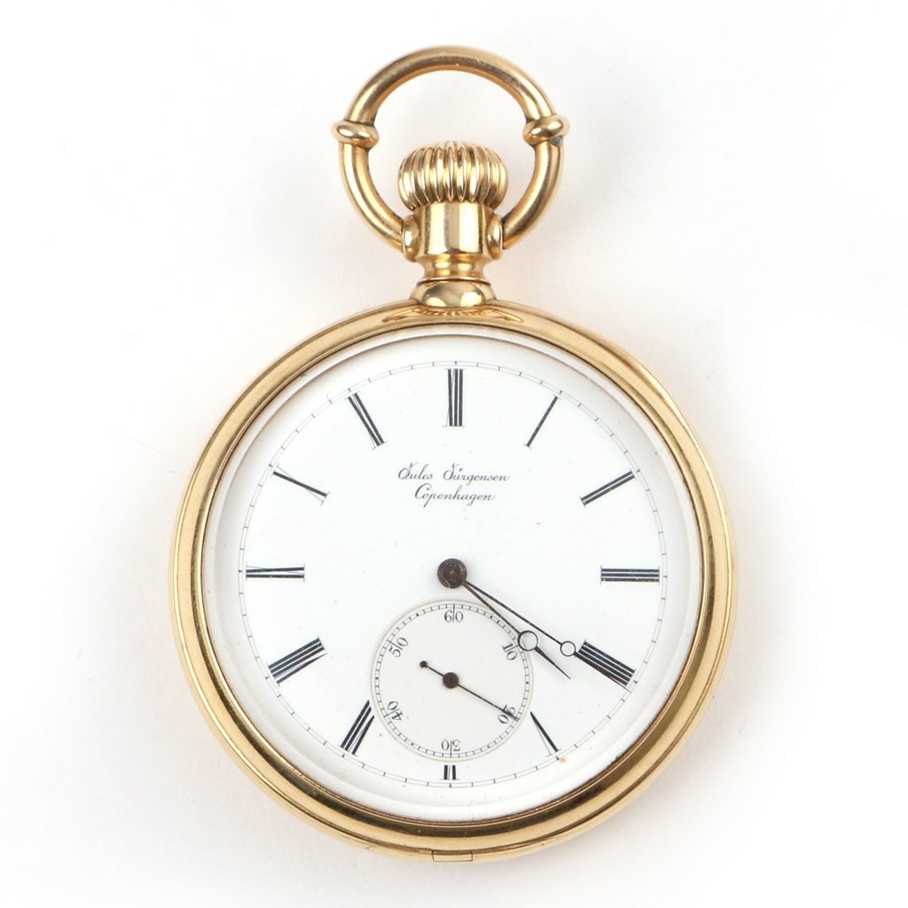 JULES JURGENSEN 18K GOLD POCKET WATCH: with glass gear cover, serial number 13783, incised “Patent 1867 January 15” and “Jules Jurgensen / Copenhagen” with JJ mark, 44mm case diameter, total weight appx. 76g
