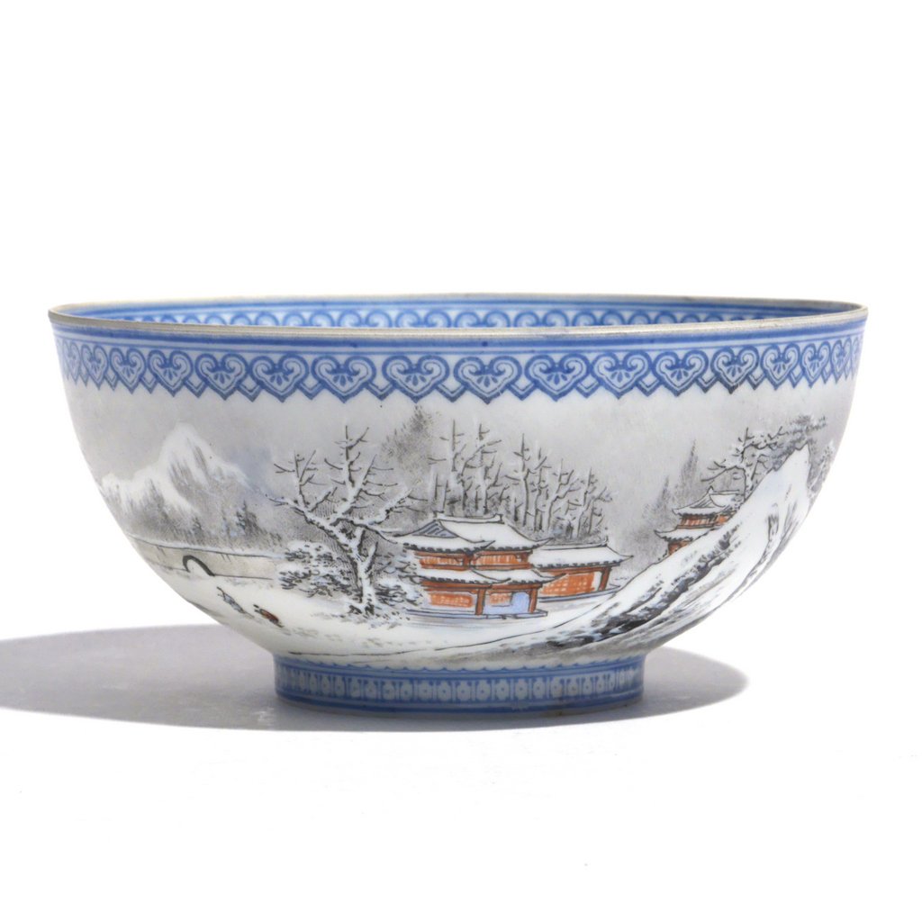 CHINESE EGGSHELL PORCELAIN BOWL: Republic period, the exterior enameled with a mountainous winter landscape, the interior a six-foliate petal containing floral devices and shou characters spaced out along the sides, all under a ruyi 