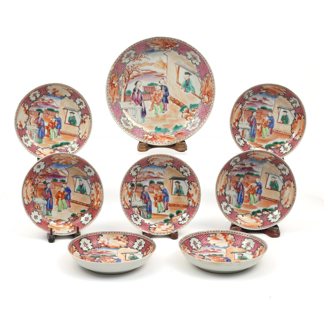 (8pc) CHINESE EXPORT SHALLOW BOWLS: near-egg-shell porcelain in the Mandarin pattern, including a group of 7 plus 1 larger, largest: dia, 7 3/4 , h.1 1/2" & dia. 5 1/2 , h. 1 1/2"