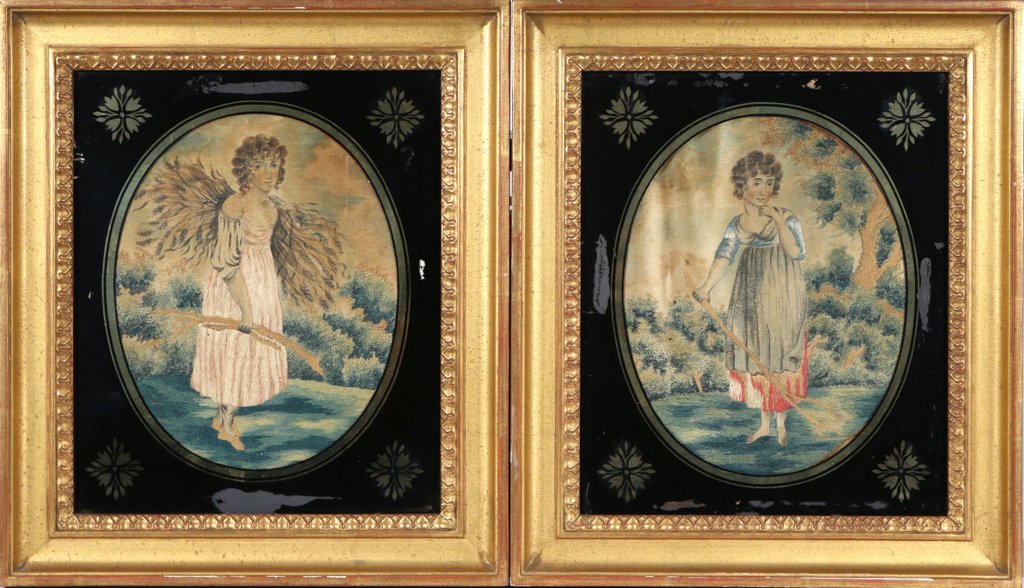 PAIR FRENCH NEEDLEPOINT EMBROIDERIES: 19th Century, decorated with pastoral landscape figures within a reverse-painted glass oval, each appx. 8-1/2 x 6-1/2 in. (sight)